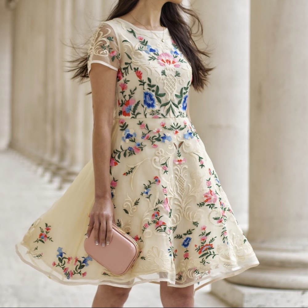 Garden Embroidered Beige Organza Dress